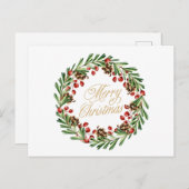 赤い果実とピネコーンを使用したクリスマスリース シーズンポストカード (正面/裏面)