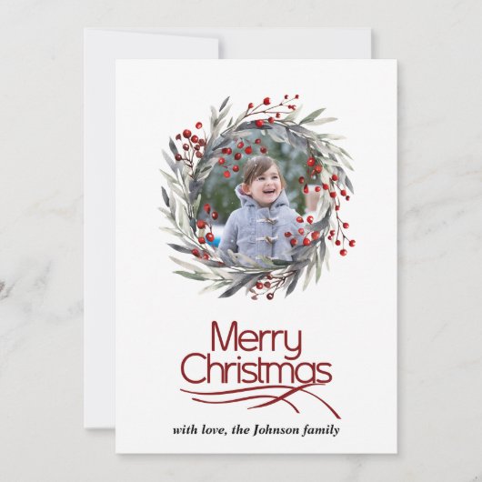 赤い果実とリースの写真と葉のクリスマス シーズンカード (正面)