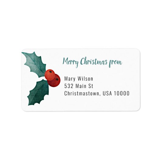 赤い果実と大きなホリーの葉クリスマステーマ ラベル (正面)