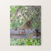 赤い果実に囲まれた鳥の給餌器で(鳥)ショウジョウコウカンチョウ ジグソーパズル (縦)