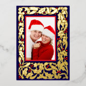 赤い果実の写真とクリスマスホリ縁どー 箔シーズンカード (正面)