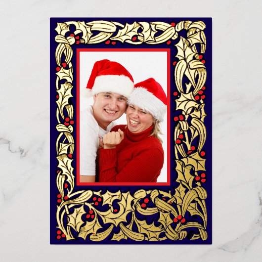 赤い果実の写真とクリスマスホリ縁どー 箔シーズンカード (正面)