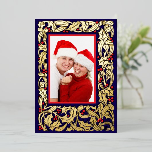 赤い果実の写真とクリスマスホリ縁どー 箔シーズンカード (立ち正面)