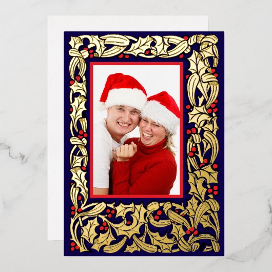 赤い果実の写真とクリスマスホリ縁どー 箔シーズンカード (正面/裏面)