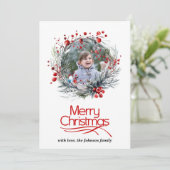 赤い果実の写真とメリークリスマスとリース シーズンカード (スタンド正面)