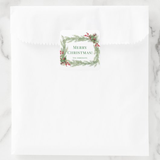 赤い果実の松の針メリークリスマス スクエアシール (バッグ)