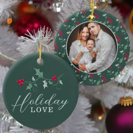 赤い果実の緑のホリ葉ーのクリスマスフォト セラミックオーナメント