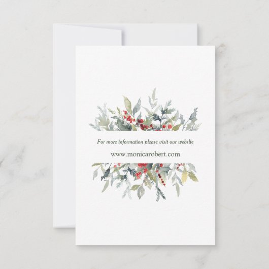 赤い果実の緑の葉の結婚式の日付を保存 招待状 (裏面)