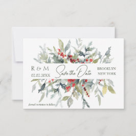 赤い果実の緑の葉の結婚式の日付を保存 招待状