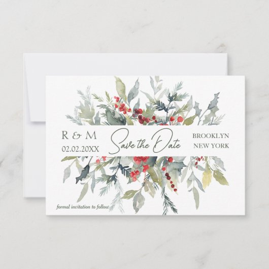 赤い果実の緑の葉の結婚式の日付を保存 招待状 (正面)