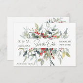 赤い果実の緑の葉の結婚式の日付を保存 招待状 (正面/裏面)