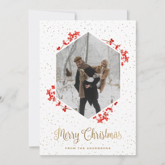 赤い果実の雪の書道写真メリークリスマス シーズンカード (正面)