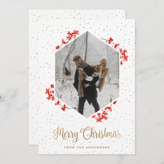 赤い果実の雪の書道写真メリークリスマス シーズンカード (正面/裏面)