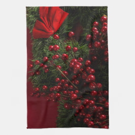 赤い果実を持つクリスマスリース キッチンタオル