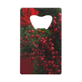 赤い果実を持つクリスマスリース クレジットカード栓抜き