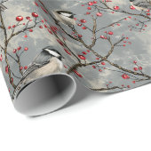 赤い果実を持つ枝に座っている鳥の束 ラッピングペーパー (ロールコーナー)