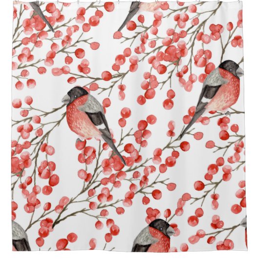 赤い果実ブルフィンチ水色パターン シャワーカーテン (正面)