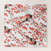 赤い果実ブルフィンチ水色パターン ジグソーパズル (横)