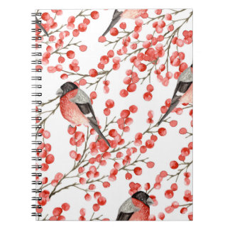 赤い果実ブルフィンチ水色パターン ノートブック