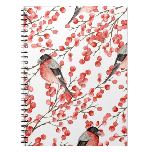 赤い果実ブルフィンチ水色パターン ノートブック (正面)