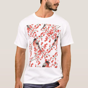 赤い果実ブルフィンチ水色パターン Tシャツ