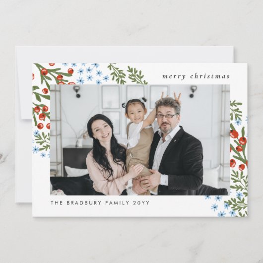 赤い果実ブルーフラワーファミリーフォトクリスマス シーズンカード (正面)