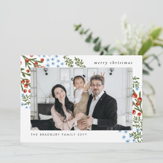 赤い果実ブルーフラワーファミリーフォトクリスマス シーズンカード (スタンド正面)