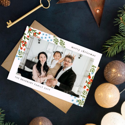 赤い果実ブルーフラワーファミリーフォトクリスマス シーズンカード
