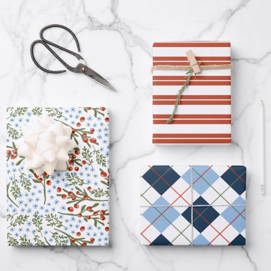 赤い果実ブルーフラワープレイドストライプクリスマス ラッピングペーパーシート (正面)