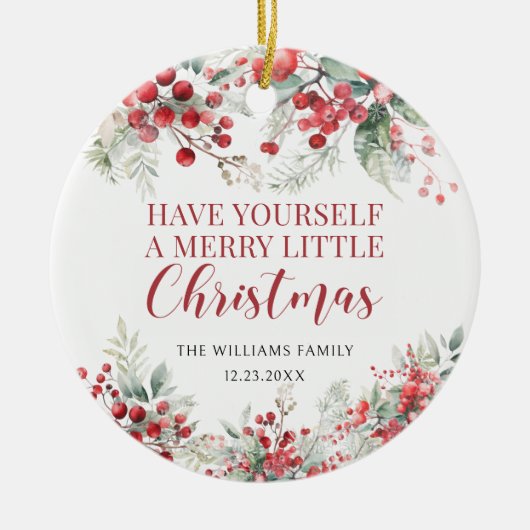 赤い果実メリークリスマス家族の写真オーナメント セラミックオーナメント (正面)