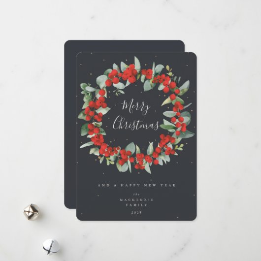 赤い果実+ユーカリのクリスマスリース非写真 シーズンカード (正面/裏面インサイチュ)