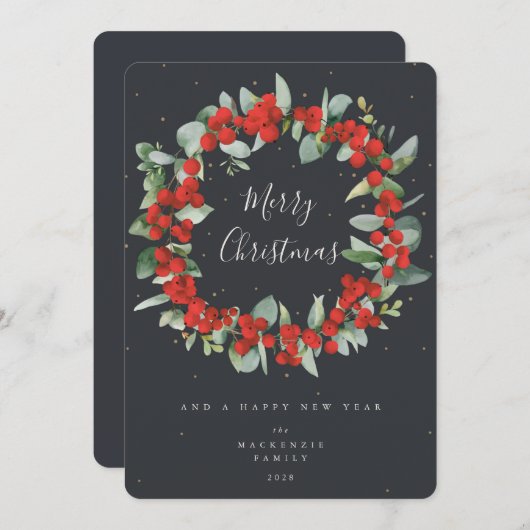 赤い果実+ユーカリのクリスマスリース非写真 シーズンカード (正面/裏面)