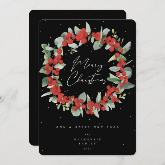 赤い果実+ユーカリのクリスマスリース非写真 シーズンカード (正面/裏面)