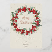赤い果実+ユーカリのクリスマスリース非写真 箔シーズンカード (正面)