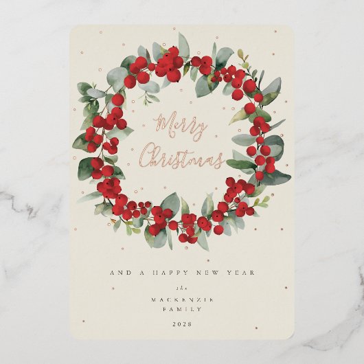 赤い果実+ユーカリのクリスマスリース非写真 箔シーズンカード (正面)