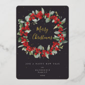 赤い果実+ユーカリのクリスマスリース非写真 箔シーズンカード (正面)