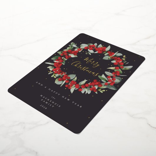 赤い果実+ユーカリのクリスマスリース非写真 箔シーズンカード (回転した状態)