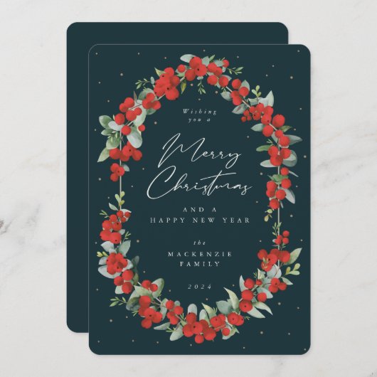 赤い果実+ユーカリプトゥス植物体のクリスマス シーズンカード (正面/裏面)