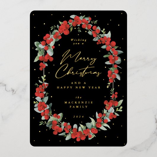 赤い果実+ユーカリプトゥス植物体のクリスマス 箔シーズンカード (正面)