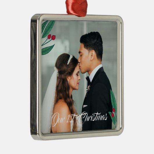 赤い果実-私達の初めてのクリスマス-結婚式の写真 メタルオーナメント (右)