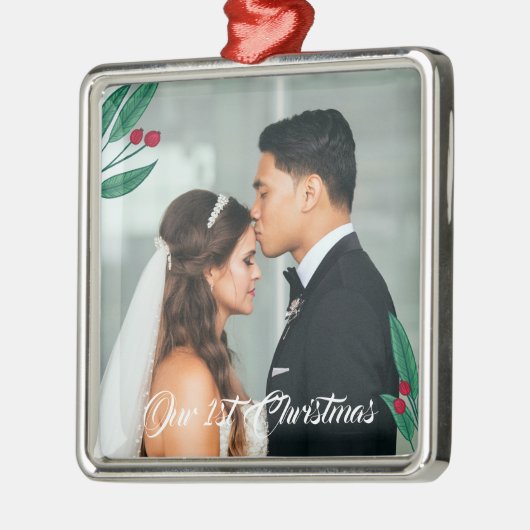 赤い果実-私達の初めてのクリスマス-結婚式の写真 メタルオーナメント (左)
