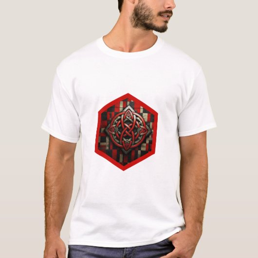 赤い枠の六角形の中のレッド+シルバーのケルト模様 Tシャツ (正面)