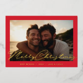 赤い枠の手書き金ゴールドメリークリスマスフォト 箔シーズンカード (正面)