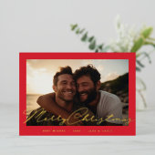 赤い枠の手書き金ゴールドメリークリスマスフォト 箔シーズンカード (立ち正面)