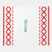 赤い柄のニットルックホワイト縁どコジーF フリースブランケット (正面(横))