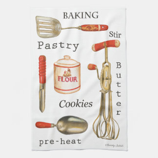 赤い柄のヴィンテージキッチンベーキング用具タオル。 キッチンタオル