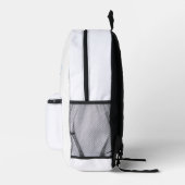 赤い染みと青い円のテキストが入ったグレー四角 プリントバックパック (右)
