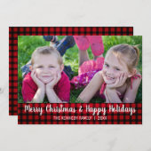 赤い格子メリー縞のクリスマス写真 シーズンカード (正面/裏面)