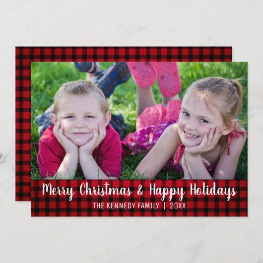赤い格子メリー縞のクリスマス写真 シーズンカード (正面/裏面)
