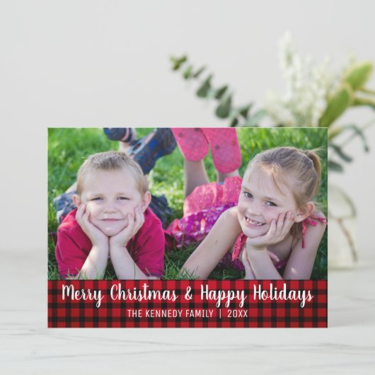 赤い格子メリー縞のクリスマス写真 シーズンカード (スタンド正面)